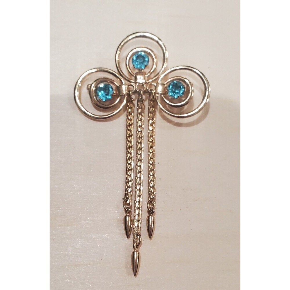 Vintage Gold Color Brooch Pin with Aqua Round Crystals and Dangle Chains